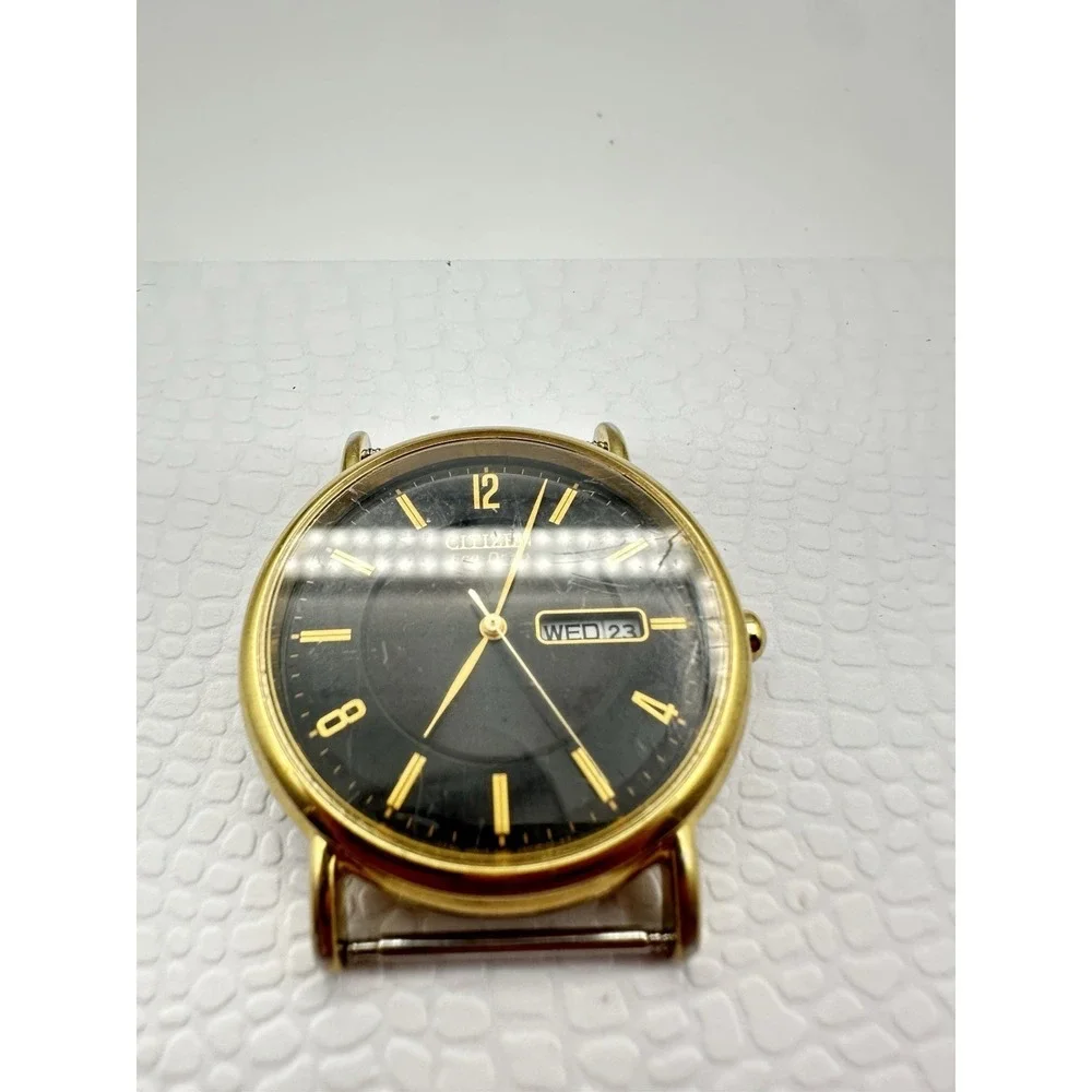 Citizen Eco-Drive Men's Gold-Tone Watch Head E101-S016688 Black Dial Day-Date